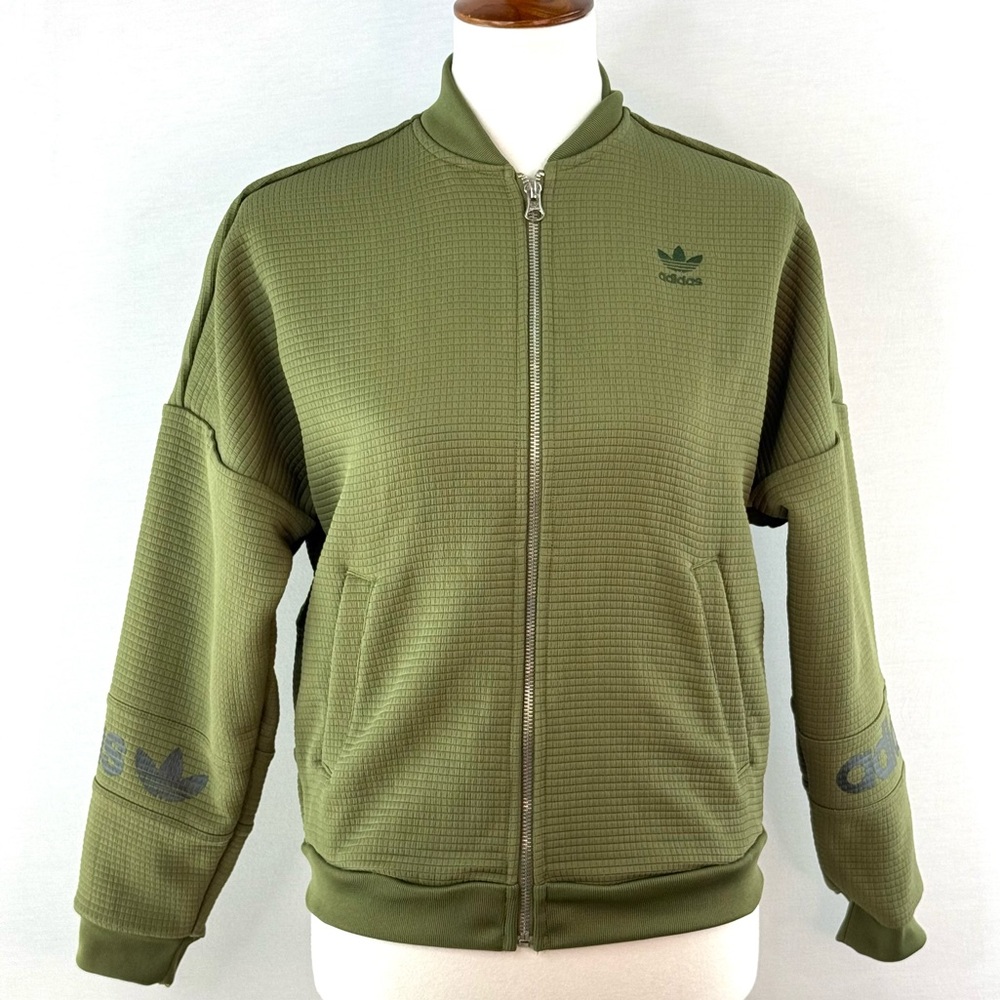 Adidas Olive Green "Three Stripe" Print Bomber Jacket - Picture 2 of 16